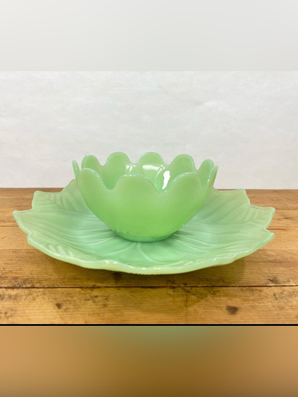 Vintage Fire King Jadeite Glass Lotus Blossom Salad Plate & Dessert Bowl Set